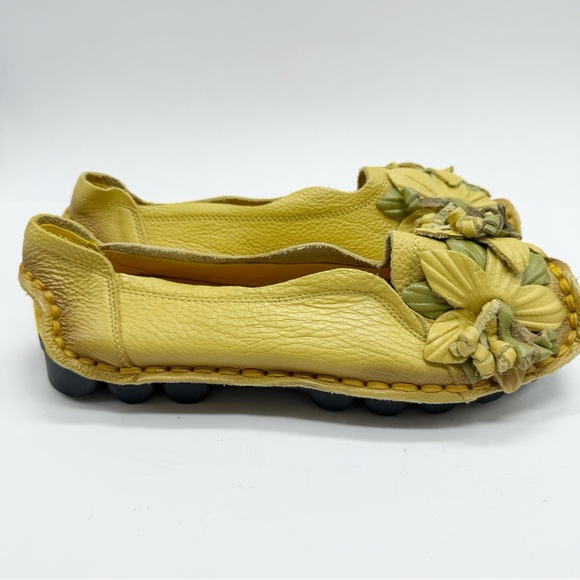 Socofy Yellow Flower Handcrafted Leather Slip On Loafers Shoes 9.5 - Picture 3 of 9